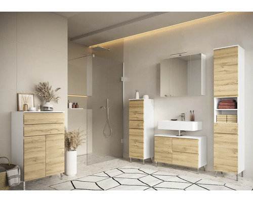 Set modern de baie cu lavoar, dulap cu oglindă și spațiu de depozitare