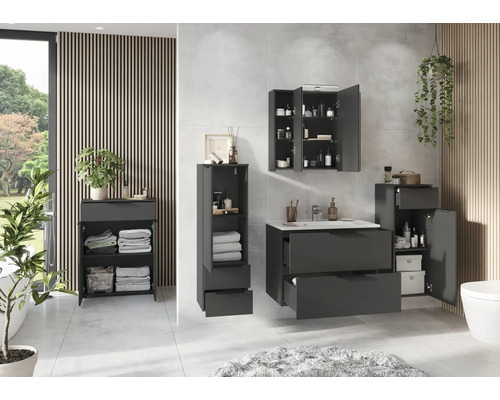 Baie modernă cu mobilier de baie gri și chiuvetă