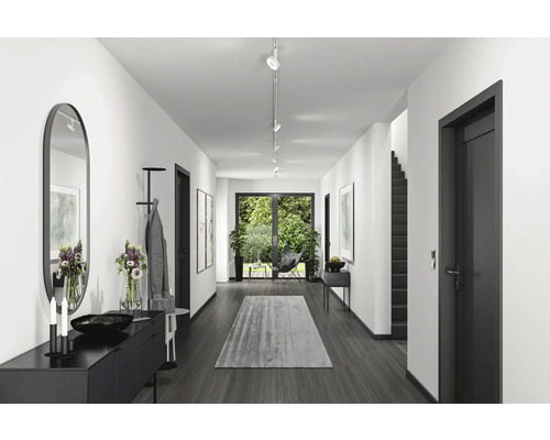 Hol luminos cu oglindă, comodă, cuier, covor și ușă