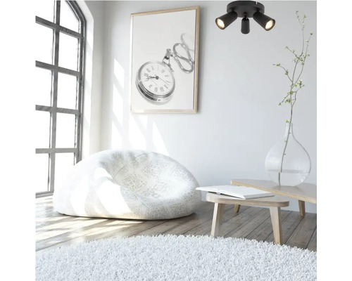 Cameră luminoasă cu beanbag, covor, lampă de tavan și tablou