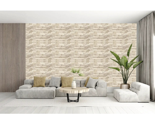 Living cu canapea, măsuță de cafea, plantă de interior și tapet de perete cu aspect de piatră