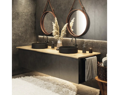 Baie cu chiuvetă dublă, oglinzi rotunde și design minimalist