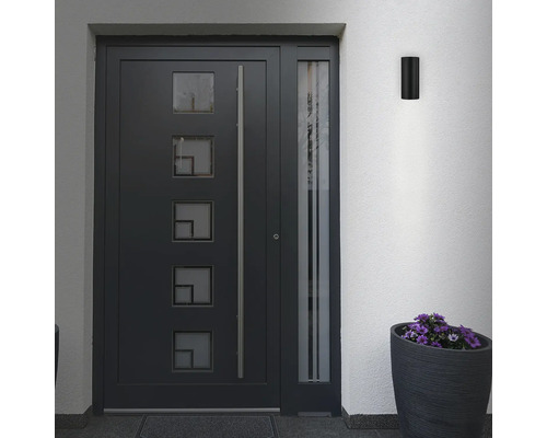 Ușă de intrare modernă cu panou lateral, corp de iluminat exterior și jardinieră.