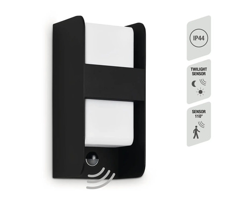 Lumină de perete neagră cu grad de protecție IP44 și senzor de amurg