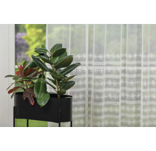 Șaluri decorative cu broderie florală în fața unei ferestre cu plante