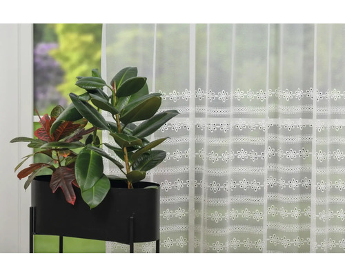 Șaluri decorative cu broderie florală în fața unei ferestre cu plante