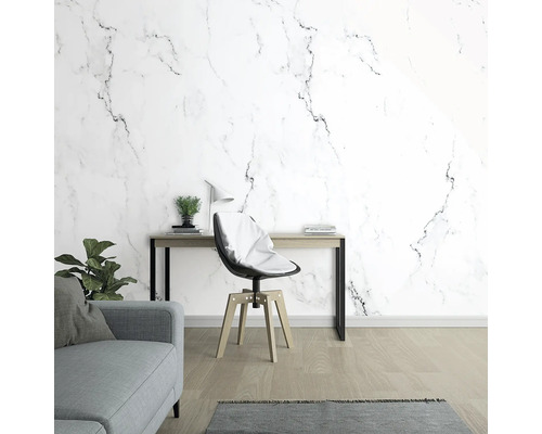 Living cu tapetă de marmură, birou și scaun de birou