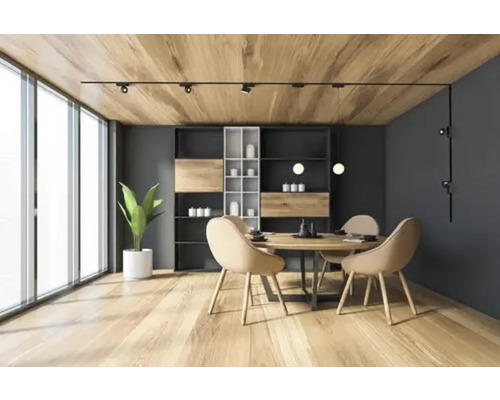 Sală de mese cu podea din lemn, masă, scaune și rafturi