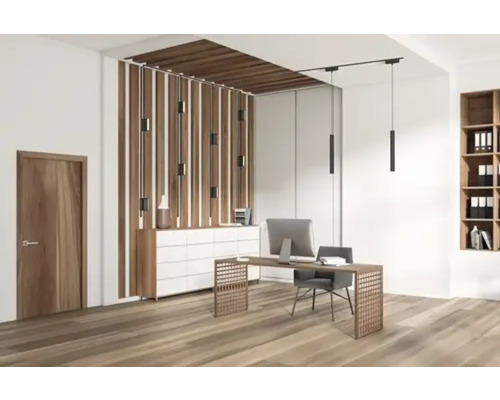 Spațiu de birou cu birou, scaun, dulap și rafturi.