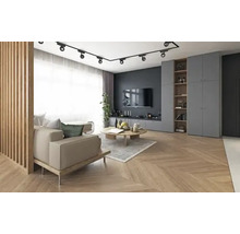 Living modern cu canapea, măsuță de cafea, rafturi și perete TV