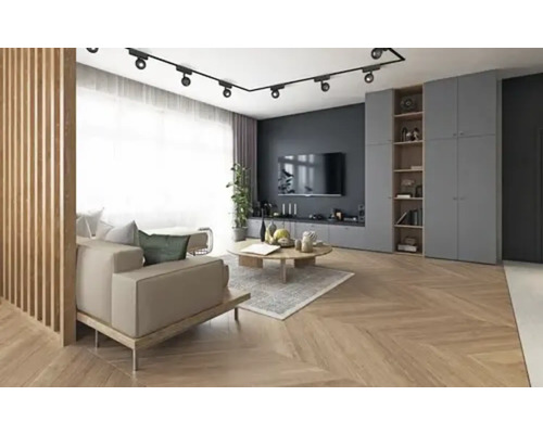 Living modern cu canapea, măsuță de cafea, rafturi și perete TV