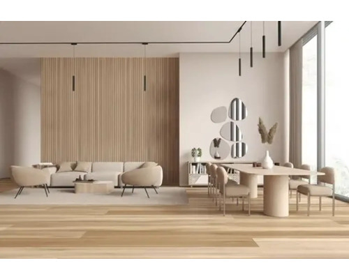 Cameră de zi luminoasă cu canapea, masă de dining și scaune cu design modern