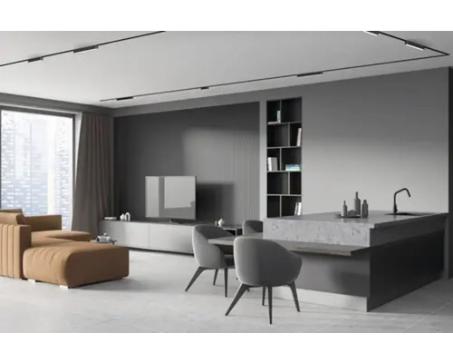 Living modern cu pereți gri, canapea, masă de dining și iluminat negru pe șină.