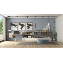 Cameră luminoasă cu sistem de șine, mobilier de birou și decorațiuni.