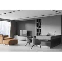 Living luminos cu canapea, masă și corpuri de iluminat pentru tavan