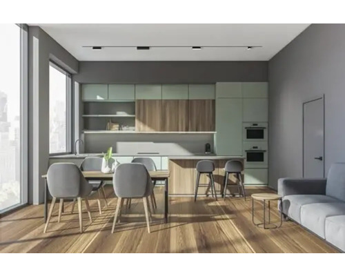 Bucătărie luminoasă și modernă cu zonă de luat masa și living