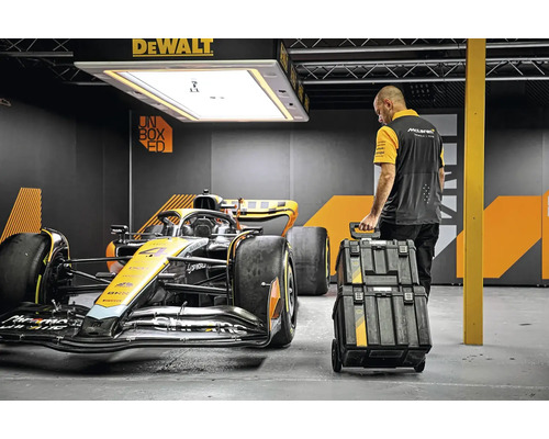 Bărbat cu trusă de scule DeWalt lângă o mașină de curse într-un garaj