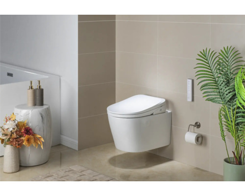 Baie cu toaletă cu duș suspendată, telecomandă, suport pentru hârtie igienică, decorațiuni și covor de baie