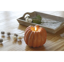 Lumânare decorativă de dovleac cu tavă și accente florale pe o masă de lemn