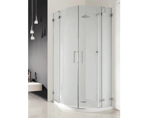 Cabină de duș pe colț cu uși din sticlă și cap de duș