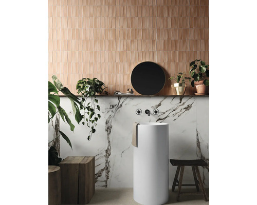 Baie cu coloană de lavoar, perete de marmură și plăci de perete dreptunghiulare