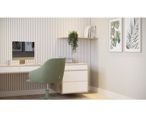 Scenă de birou cu birou, scaun de birou, calculator, plantă și decorațiuni de perete pentru o atmosferă de lucru