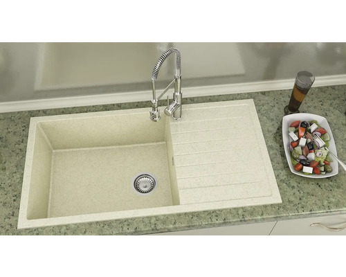 Chiuvetă din piatră artificială cu zonă de scurgere și robinet