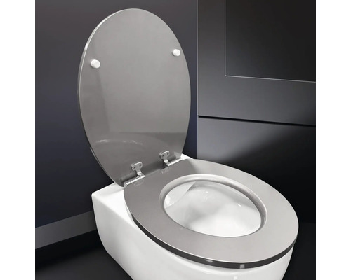 Toaletă albă cu capac de toaletă gri deschis