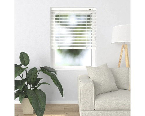 Scenă cu jaluzea de fereastră, canapea, plantă de interior și lampadar într-o cameră luminoasă.