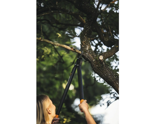 O femeie taie o creangă de copac cu o foarfecă de grădină.