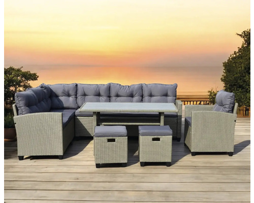 Set de mobilier de grădină cu canapea de colț, masă, fotoliu și taburete pe o terasă de lemn