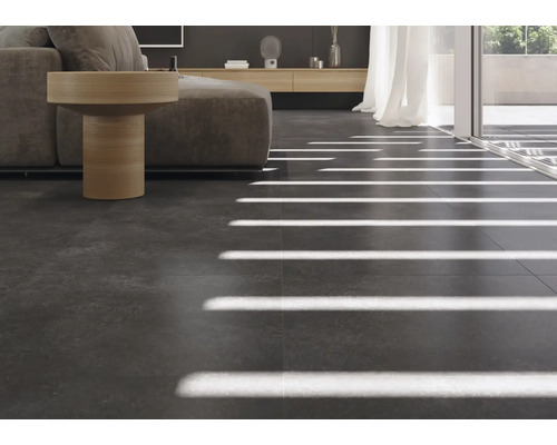 Living modern cu gresie de pardoseală închisă la culoare și canapea