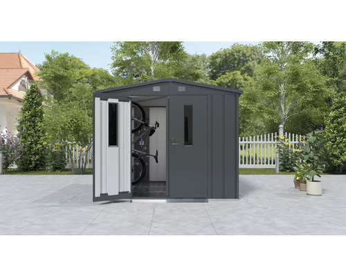 Magazie metalică de grădină cu ușa deschisă și biciclete în interior