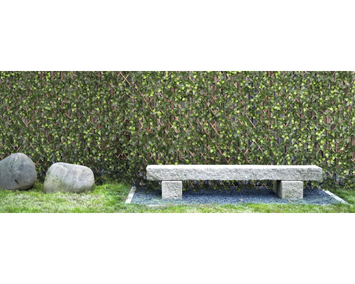 Scenă cu gard viu artificial, bancă de piatră și două pietre în grădină