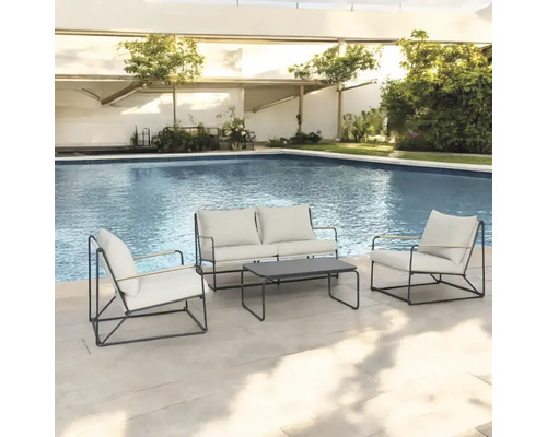 Set de grădină cu canapea, fotoliu și masă la piscină