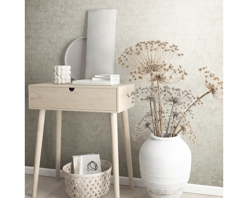 Ambianță decorativă de cameră cu consolă, coș, vază și accesorii pentru casă