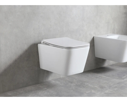 Toaletă suspendată cu capac și bideu în baie