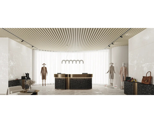 Spațiu comercial luminos cu recepție, iluminat de tavan și manechine