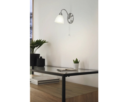 Lumină de perete metalică cu abajur din sticlă deasupra unui raft cu plante și decor
