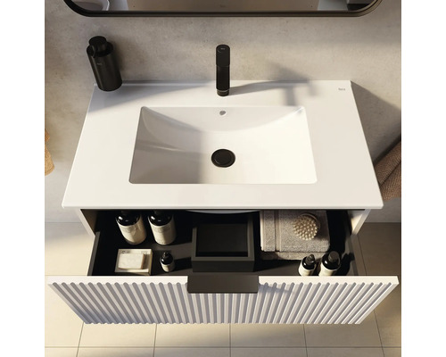 Dulap de bază pentru lavoar cu sertar deschis, lavoar aplicat și baterie