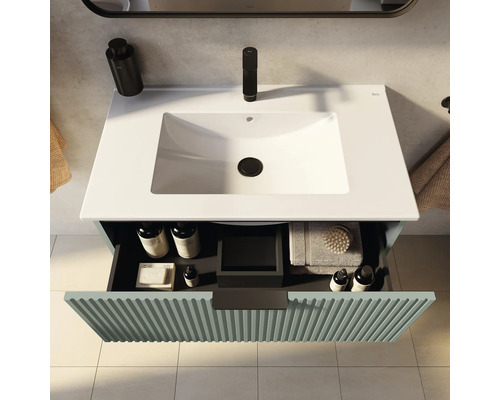 Dulap de lavoar cu sertar deschis, spații de depozitare și baterie