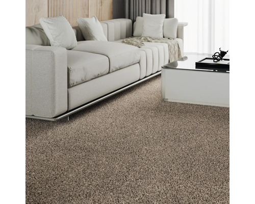 Sufragerie cu mochetă bej, canapea și măsuță de cafea