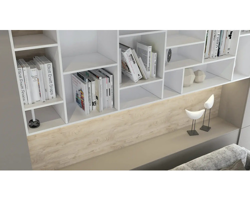 Bibliotecă albă cu obiecte decorative și cărți