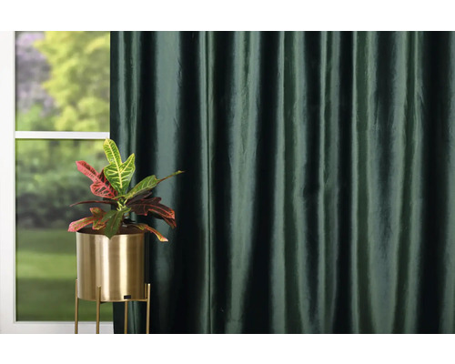 Cameră decorativă cu plantă de interior în ghiveci auriu și perdea