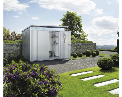 Căsuță de grădină metalică cu uși deschise în grădină