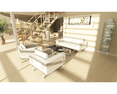 Living luminos cu scară, canapea, fotolii și vitrină