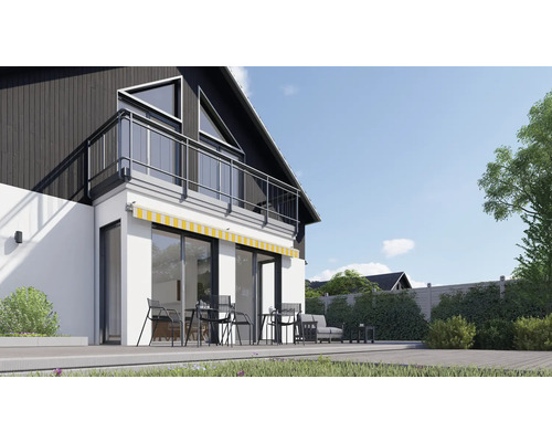 Casă modernă cu terasă, mobilier de grădină și copertină