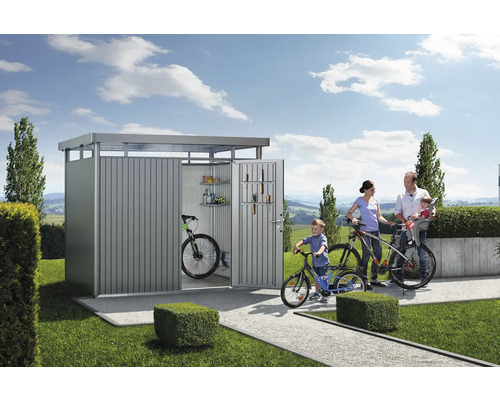 Cutie metalică pentru biciclete cu familie și biciclete în grădină