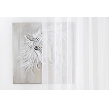 Pânză decorativă cu motiv de cal în spatele unei perdele albe