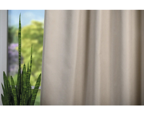 Cortină decorativă lângă o plantă de interior în fața unei ferestre.